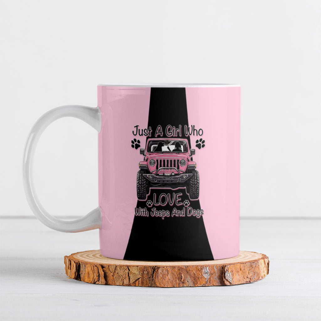 Just A Girl Who Love With Jeeps And Dogs Ceramic Mug Pink Off-Road Illustration with Cute Paw Print Graphic Style