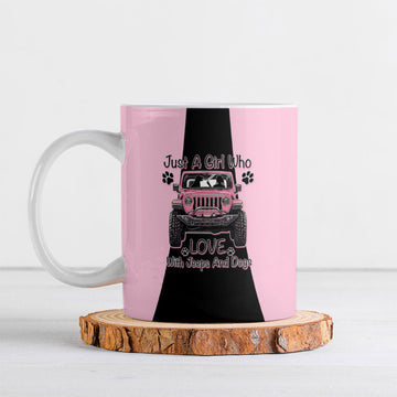 Just A Girl Who Love With Jeeps And Dogs Ceramic Mug Pink Off-Road Illustration with Cute Paw Print Graphic Style