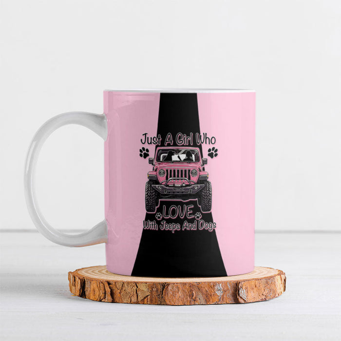 Just A Girl Who Love With Jeeps And Dogs Ceramic Mug Pink Off-Road Illustration with Cute Paw Print Graphic Style