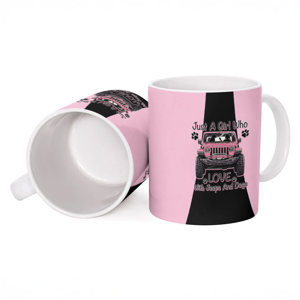 Just A Girl Who Love With Jeeps And Dogs Ceramic Mug Pink Off-Road Illustration with Cute Paw Print Graphic Style