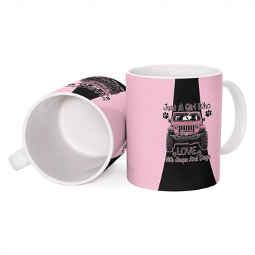 Just A Girl Who Love With Jeeps And Dogs Ceramic Mug Pink Off-Road Illustration with Cute Paw Print Graphic Style