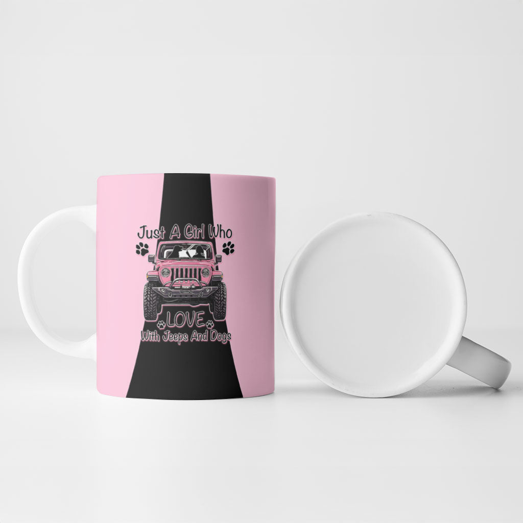 Just A Girl Who Love With Jeeps And Dogs Ceramic Mug Pink Off-Road Illustration with Cute Paw Print Graphic Style