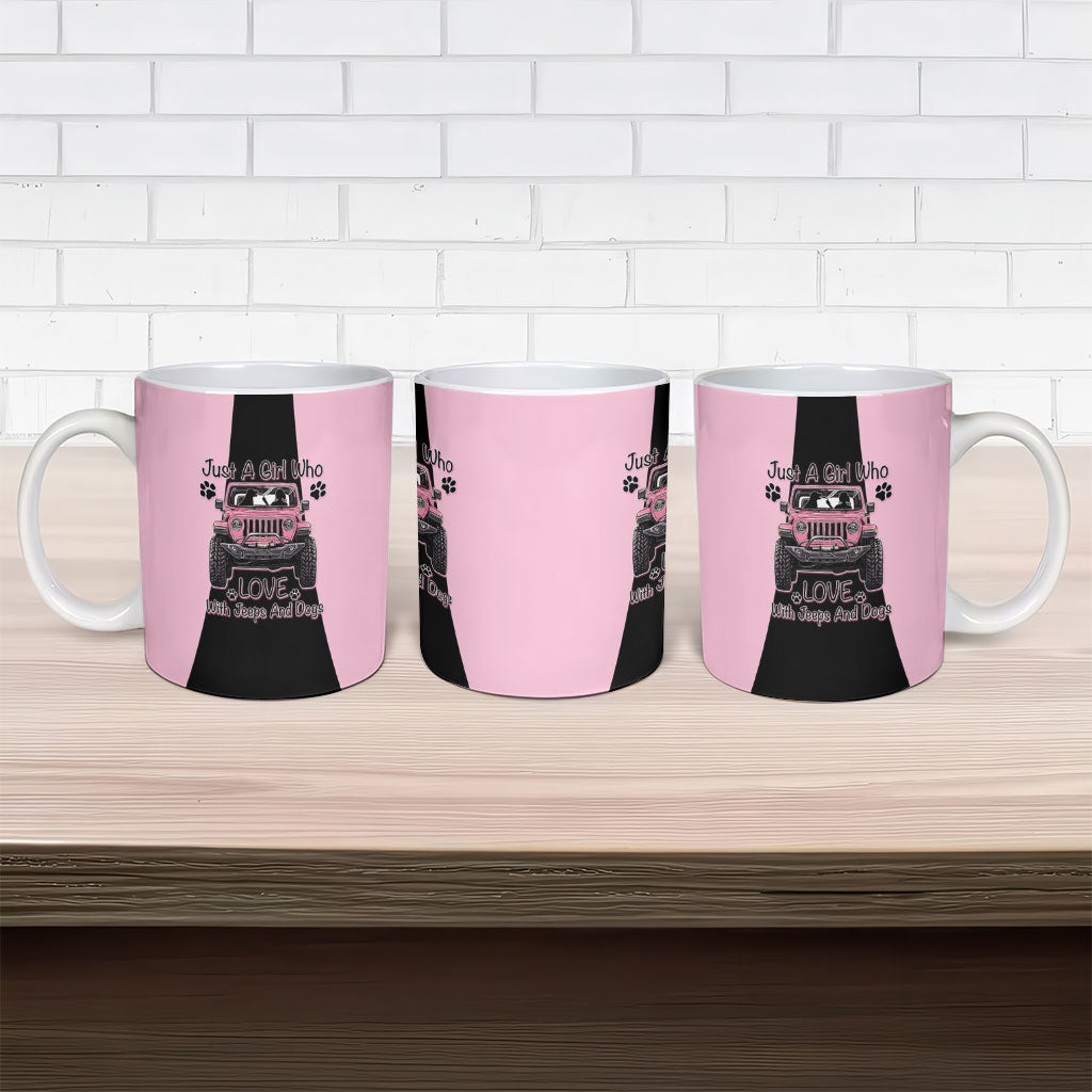 Just A Girl Who Love With Jeeps And Dogs Ceramic Mug Pink Off-Road Illustration with Cute Paw Print Graphic Style