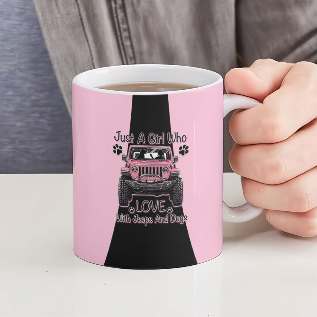 Just A Girl Who Love With Jeeps And Dogs Ceramic Mug Pink Off-Road Illustration with Cute Paw Print Graphic Style