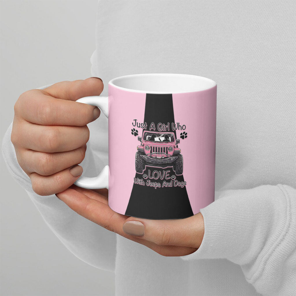 Just A Girl Who Love With Jeeps And Dogs Ceramic Mug Pink Off-Road Illustration with Cute Paw Print Graphic Style