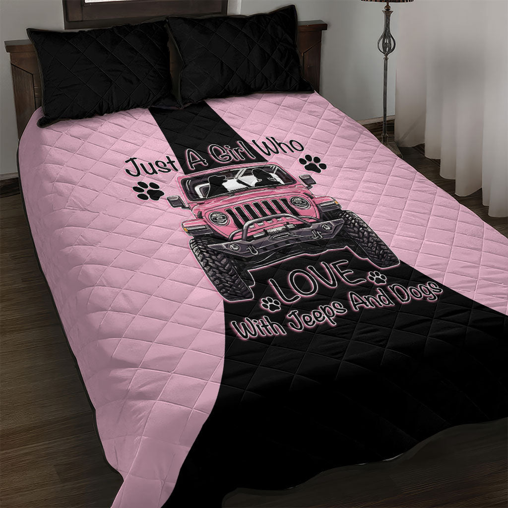 Just A Girl Who Love With Jeeps And Dogs Quilt Bed Set Pink Off-Road Illustration with Cute Paw Print Graphic Style