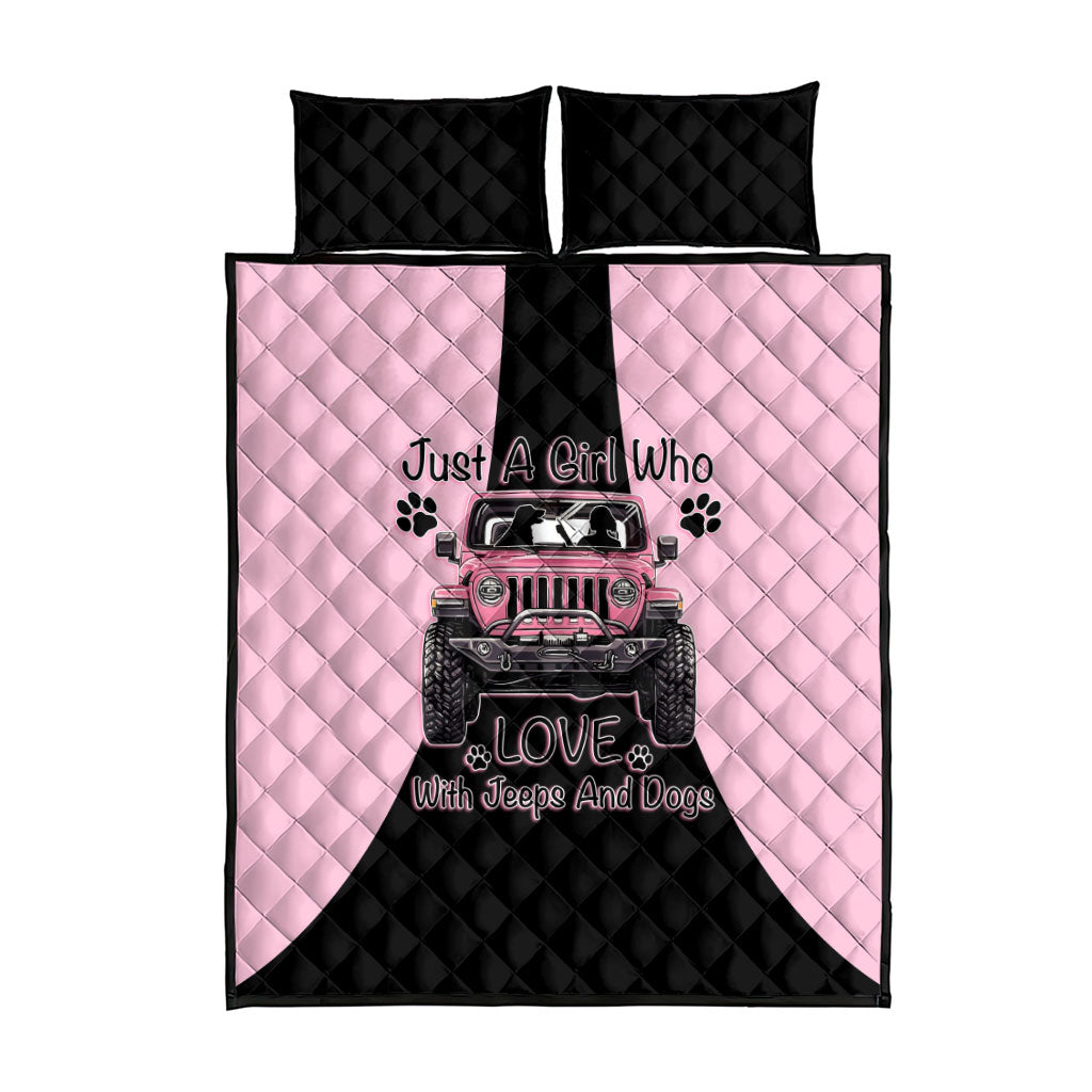 Just A Girl Who Love With Jeeps And Dogs Quilt Bed Set Pink Off-Road Illustration with Cute Paw Print Graphic Style