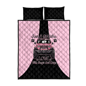 Just A Girl Who Love With Jeeps And Dogs Quilt Bed Set Pink Off-Road Illustration with Cute Paw Print Graphic Style