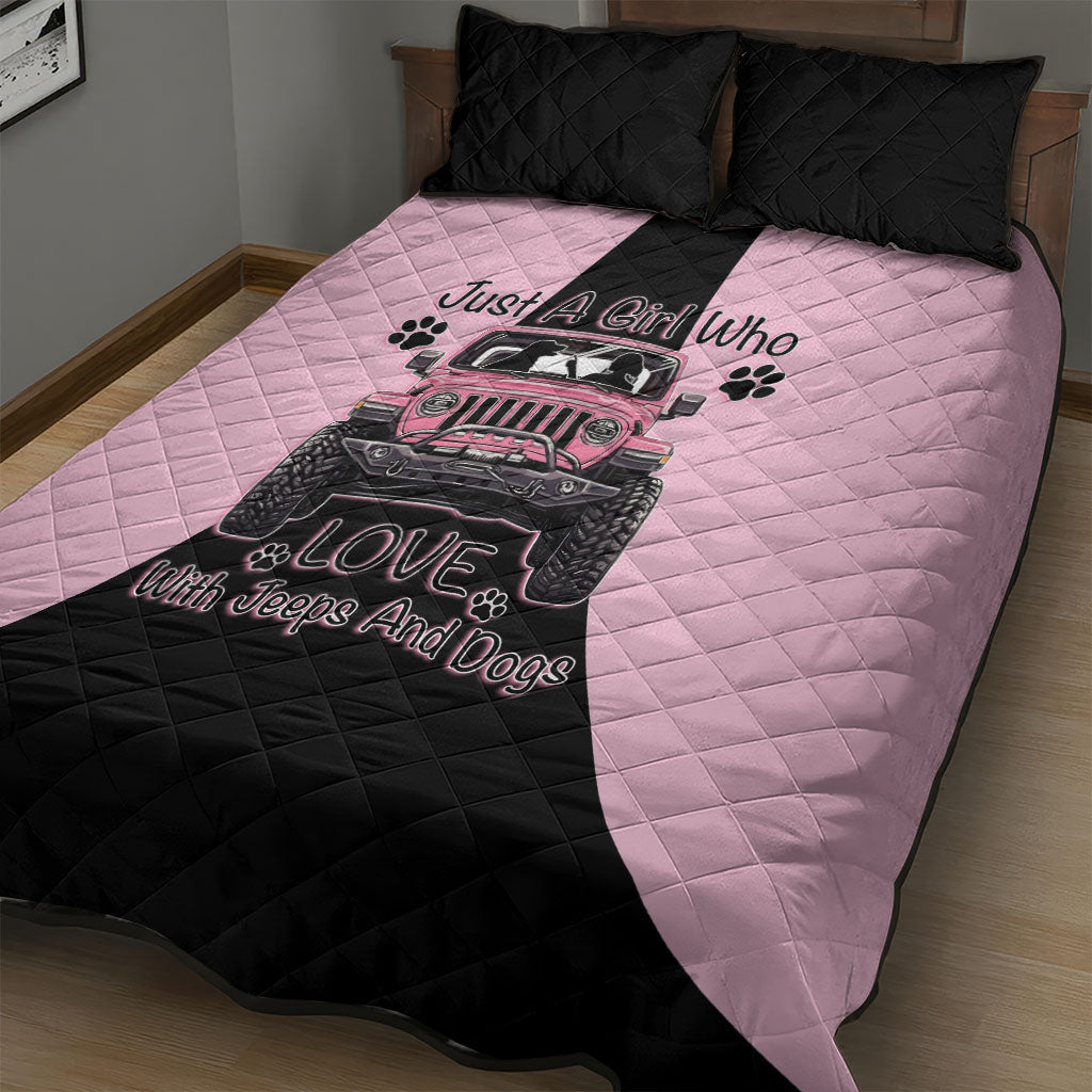 Just A Girl Who Love With Jeeps And Dogs Quilt Bed Set Pink Off-Road Illustration with Cute Paw Print Graphic Style