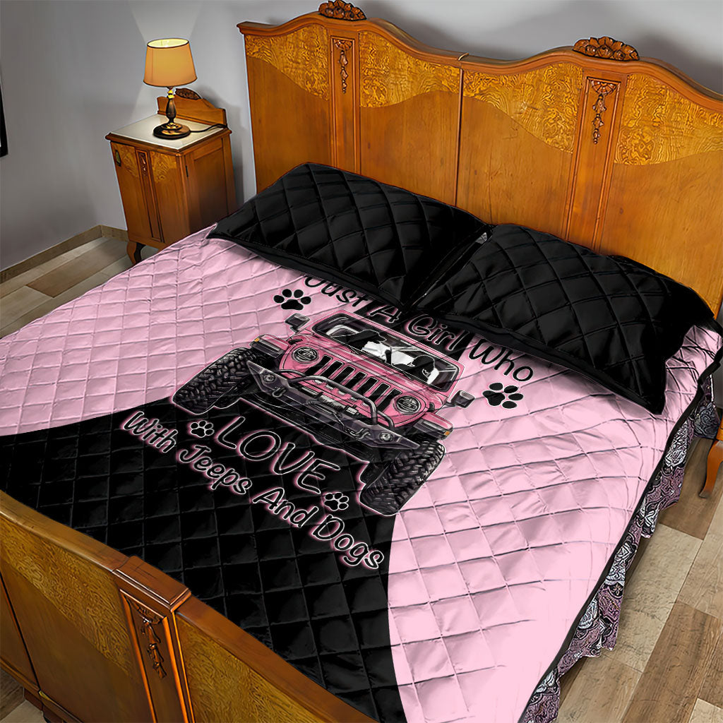 Just A Girl Who Love With Jeeps And Dogs Quilt Bed Set Pink Off-Road Illustration with Cute Paw Print Graphic Style