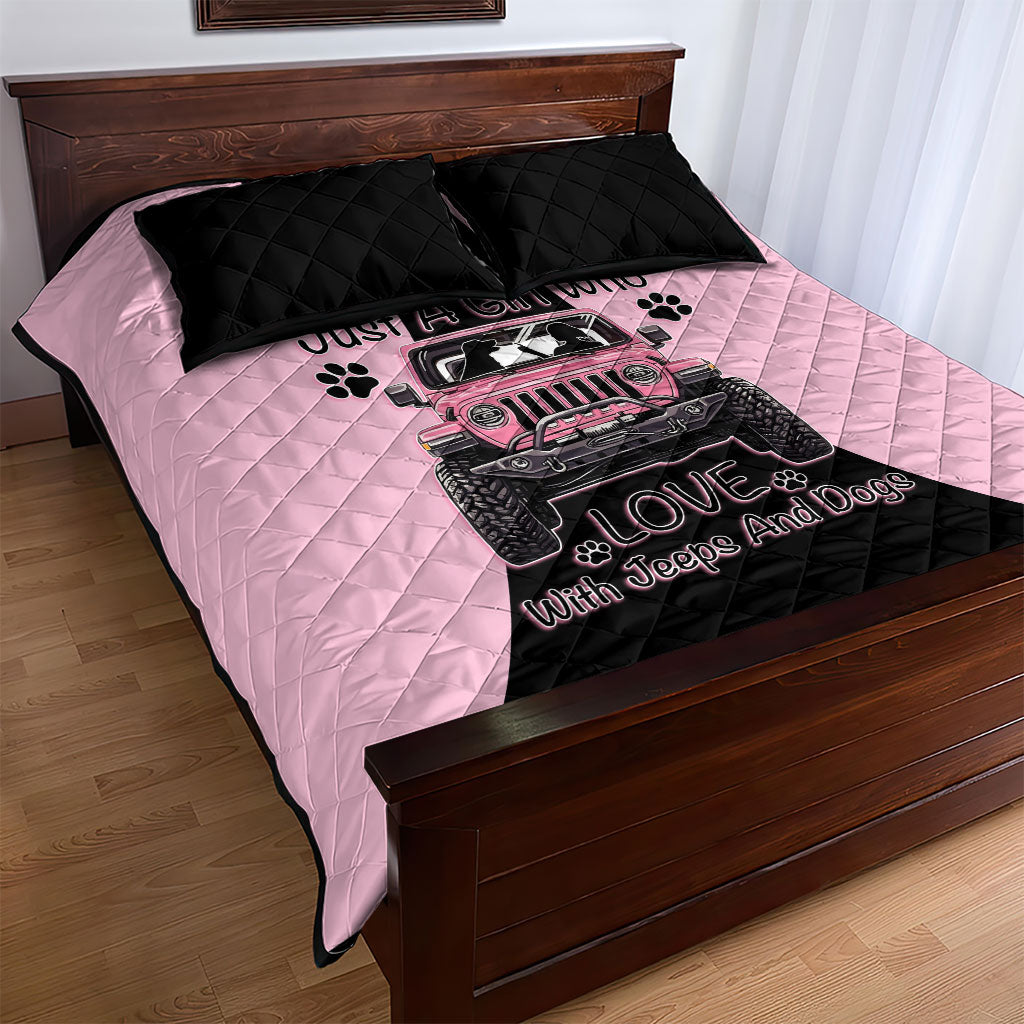 Just A Girl Who Love With Jeeps And Dogs Quilt Bed Set Pink Off-Road Illustration with Cute Paw Print Graphic Style