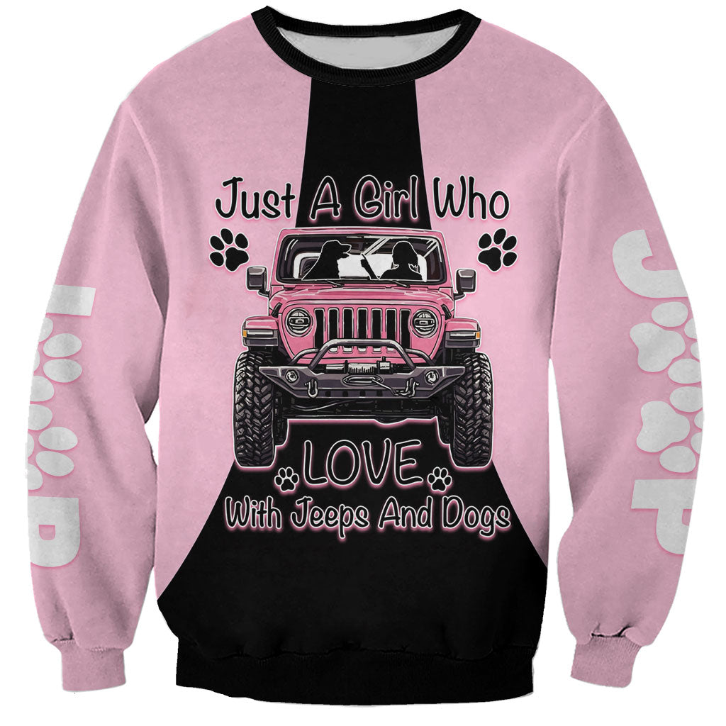 Just A Girl Who Love With Jeeps And Dogs Sweatshirt Pink Off-Road Illustration with Cute Paw Print Graphic Style