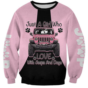 Just A Girl Who Love With Jeeps And Dogs Sweatshirt Pink Off-Road Illustration with Cute Paw Print Graphic Style