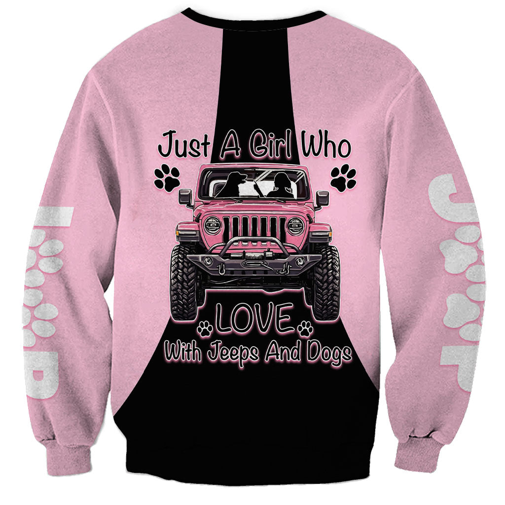 Just A Girl Who Love With Jeeps And Dogs Sweatshirt Pink Off-Road Illustration with Cute Paw Print Graphic Style