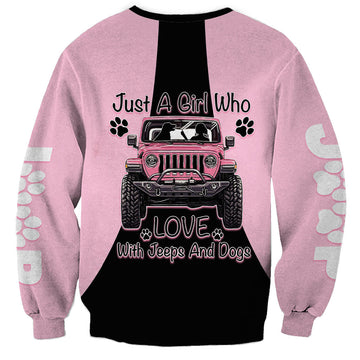 Just A Girl Who Love With Jeeps And Dogs Sweatshirt Pink Off-Road Illustration with Cute Paw Print Graphic Style