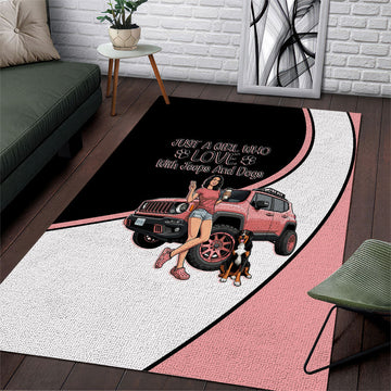 Just A Girl Who Love With Jeeps And Dogs Area Rug Cute Off-Road Lifestyle Cartoon Illustration with Pink Adventure Theme TS04