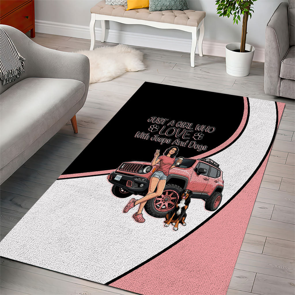 Just A Girl Who Love With Jeeps And Dogs Area Rug Cute Off-Road Lifestyle Cartoon Illustration with Pink Adventure Theme TS04