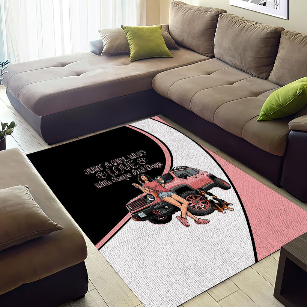 Just A Girl Who Love With Jeeps And Dogs Area Rug Cute Off-Road Lifestyle Cartoon Illustration with Pink Adventure Theme TS04
