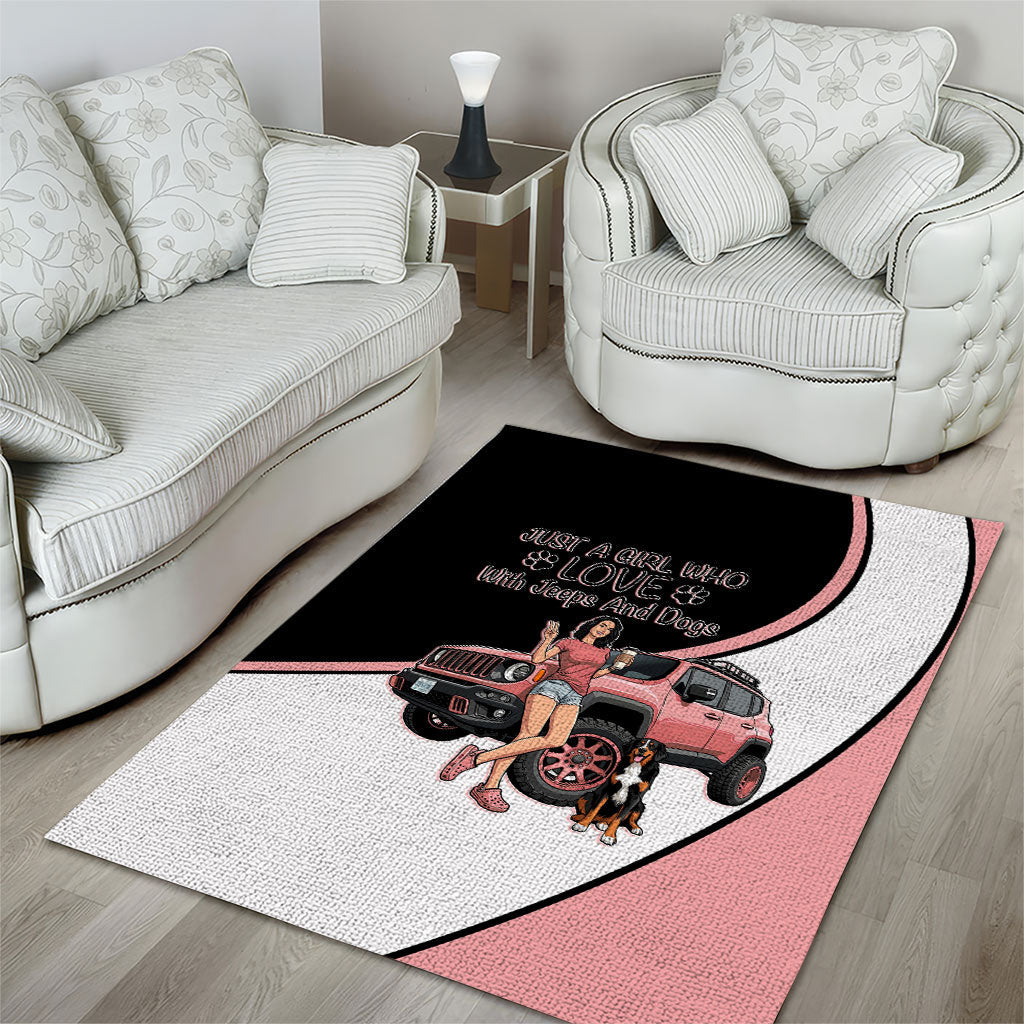 Just A Girl Who Love With Jeeps And Dogs Area Rug Cute Off-Road Lifestyle Cartoon Illustration with Pink Adventure Theme TS04