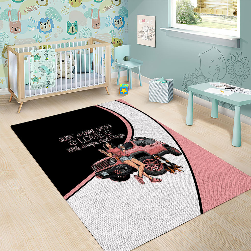 Just A Girl Who Love With Jeeps And Dogs Area Rug Cute Off-Road Lifestyle Cartoon Illustration with Pink Adventure Theme TS04