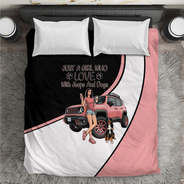 Just A Girl Who Love With Jeeps And Dogs Bedding Set Cute Off-Road Lifestyle Cartoon Illustration with Pink Adventure Theme