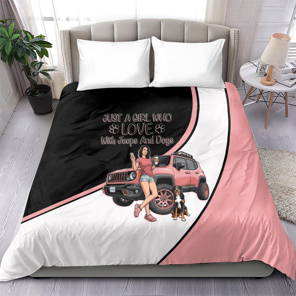 Just A Girl Who Love With Jeeps And Dogs Bedding Set Cute Off-Road Lifestyle Cartoon Illustration with Pink Adventure Theme
