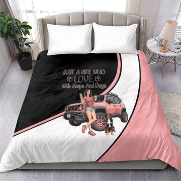 Just A Girl Who Love With Jeeps And Dogs Bedding Set Cute Off-Road Lifestyle Cartoon Illustration with Pink Adventure Theme