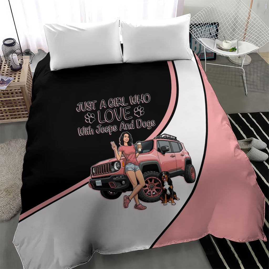 Just A Girl Who Love With Jeeps And Dogs Bedding Set Cute Off-Road Lifestyle Cartoon Illustration with Pink Adventure Theme