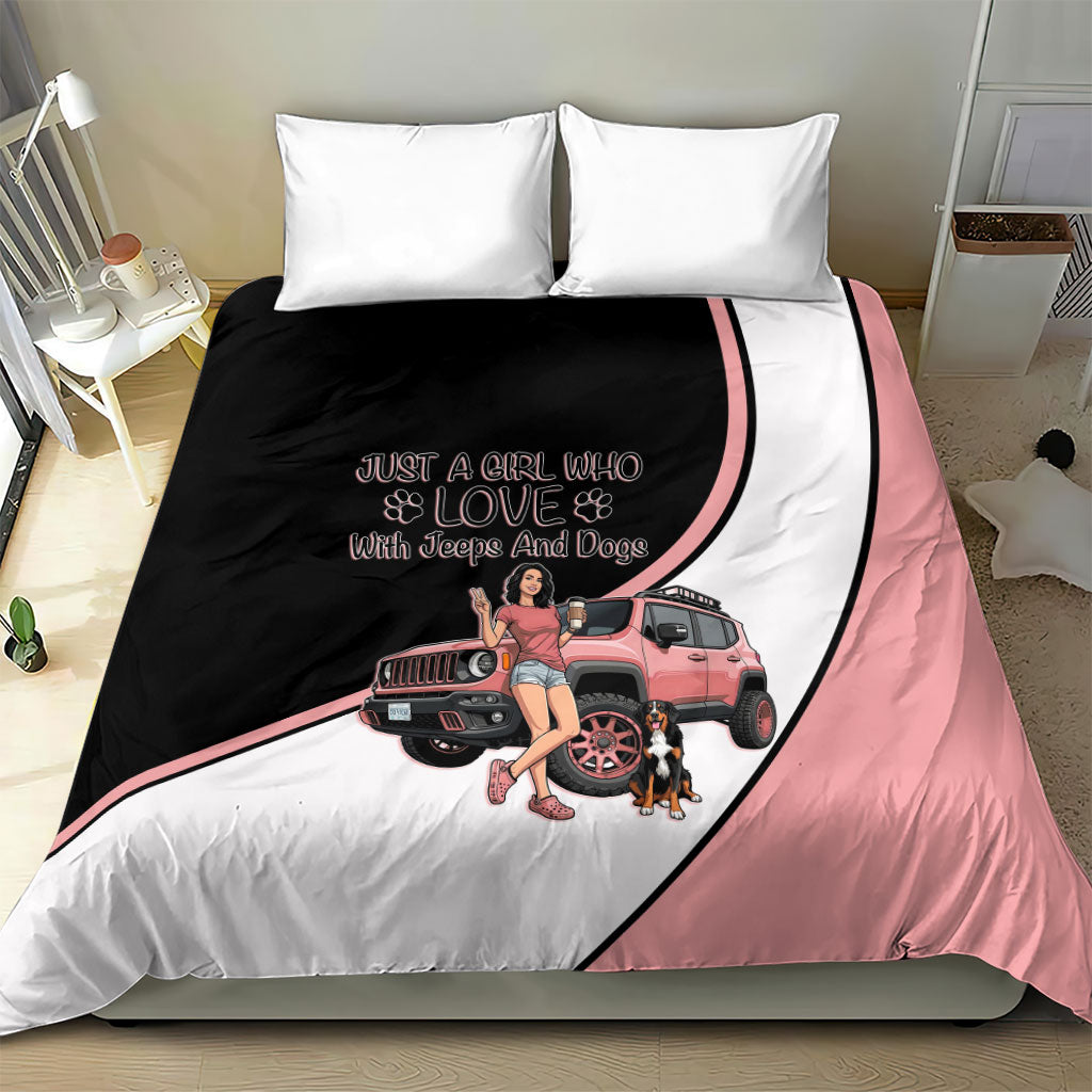Just A Girl Who Love With Jeeps And Dogs Bedding Set Cute Off-Road Lifestyle Cartoon Illustration with Pink Adventure Theme