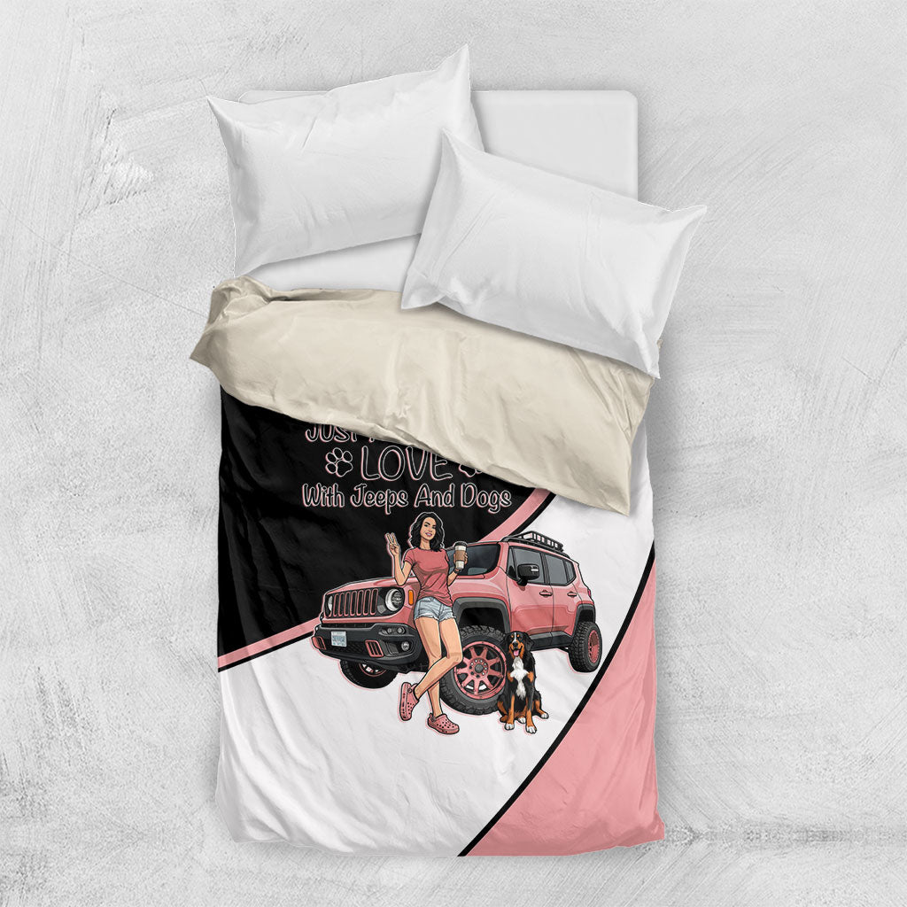 Just A Girl Who Love With Jeeps And Dogs Bedding Set Cute Off-Road Lifestyle Cartoon Illustration with Pink Adventure Theme
