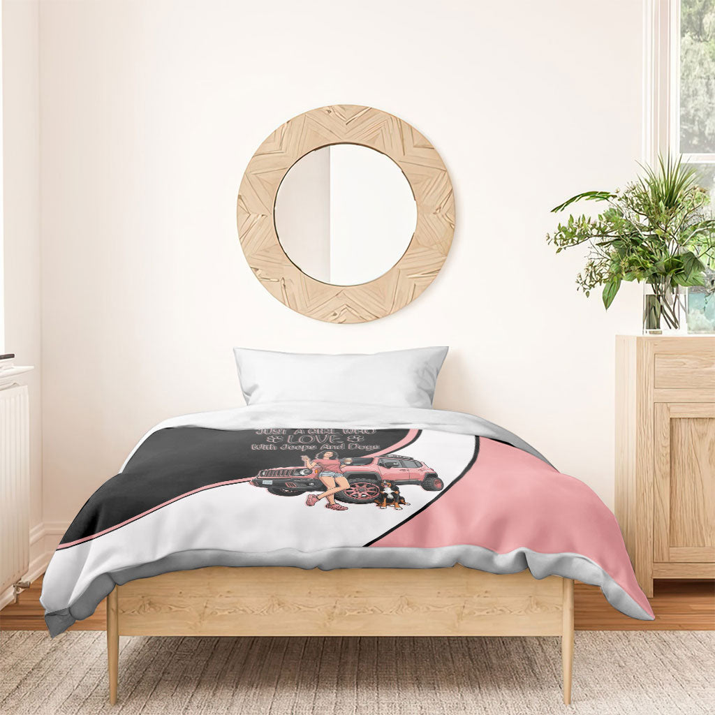Just A Girl Who Love With Jeeps And Dogs Bedding Set Cute Off-Road Lifestyle Cartoon Illustration with Pink Adventure Theme