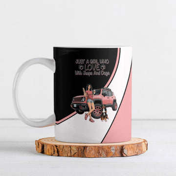 Just A Girl Who Love With Jeeps And Dogs Ceramic Mug Cute Off-Road Lifestyle Cartoon Illustration with Pink Adventure Theme