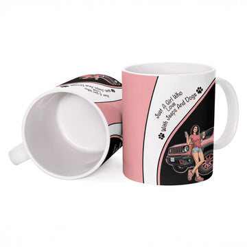Just A Girl Who Love With Jeeps And Dogs Ceramic Mug Cute Off-Road Lifestyle Cartoon Illustration with Pink Adventure Theme