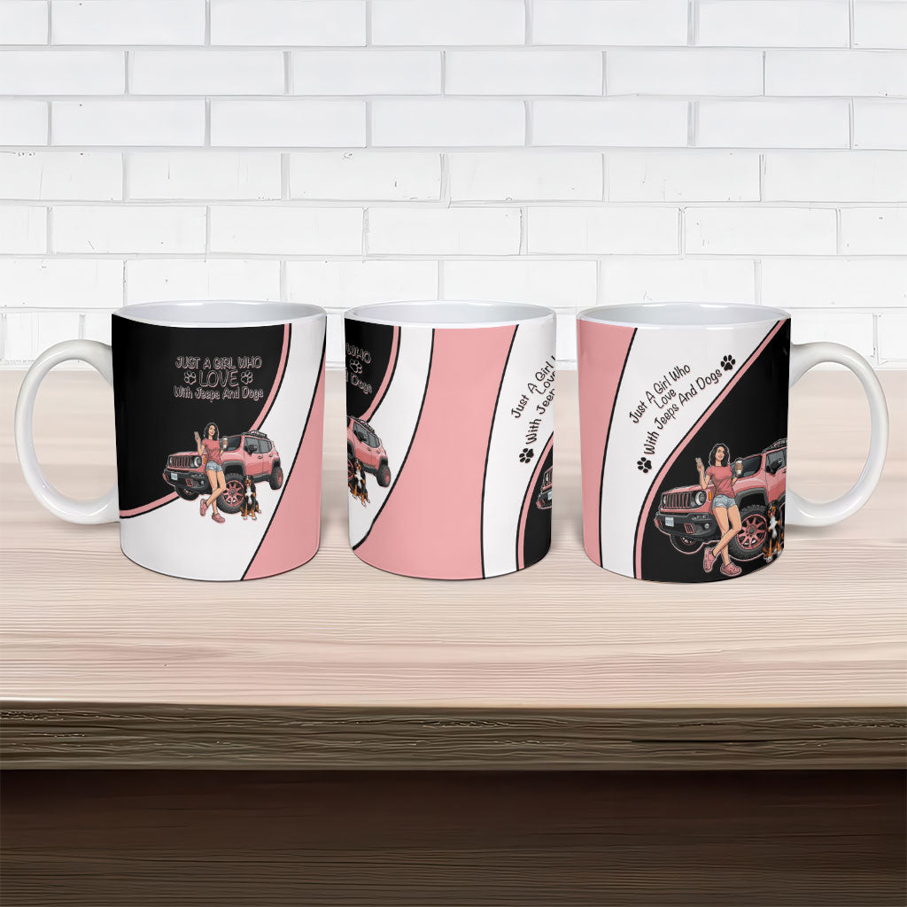 Just A Girl Who Love With Jeeps And Dogs Ceramic Mug Cute Off-Road Lifestyle Cartoon Illustration with Pink Adventure Theme