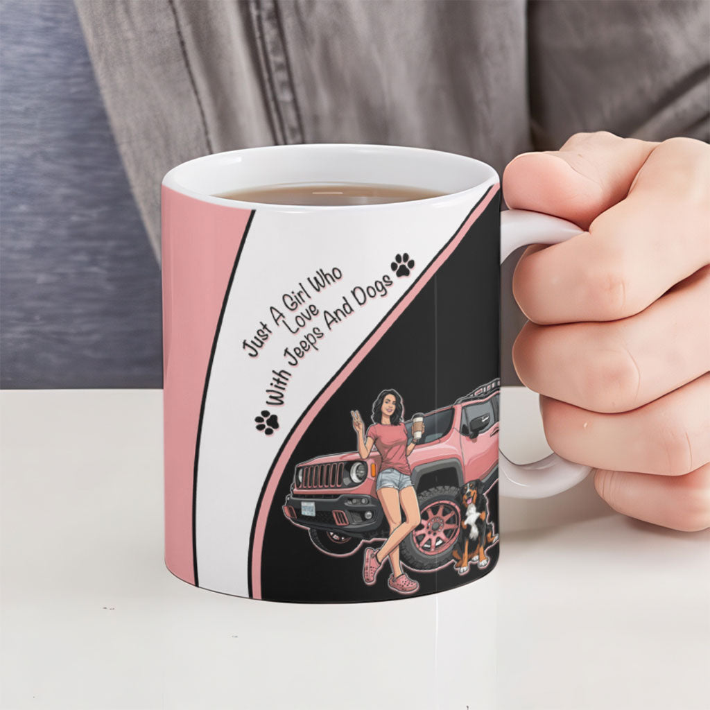 Just A Girl Who Love With Jeeps And Dogs Ceramic Mug Cute Off-Road Lifestyle Cartoon Illustration with Pink Adventure Theme