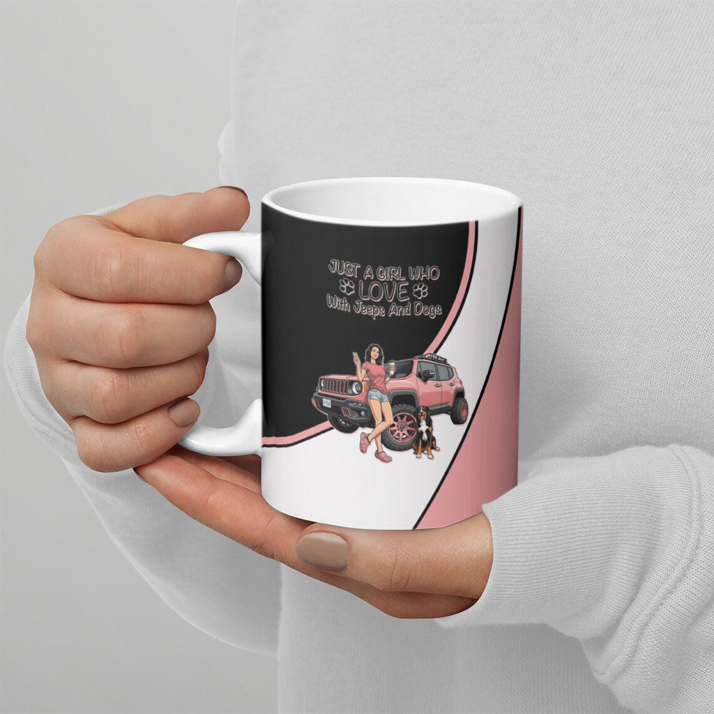 Just A Girl Who Love With Jeeps And Dogs Ceramic Mug Cute Off-Road Lifestyle Cartoon Illustration with Pink Adventure Theme
