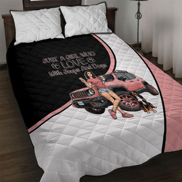 Just A Girl Who Love With Jeeps And Dogs Quilt Bed Set Cute Off-Road Lifestyle Cartoon Illustration with Pink Adventure Theme