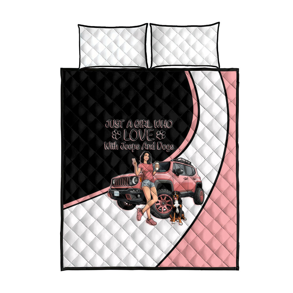 Just A Girl Who Love With Jeeps And Dogs Quilt Bed Set Cute Off-Road Lifestyle Cartoon Illustration with Pink Adventure Theme