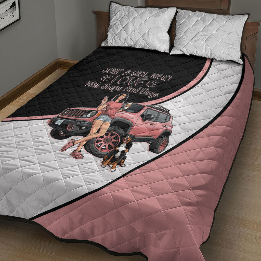 Just A Girl Who Love With Jeeps And Dogs Quilt Bed Set Cute Off-Road Lifestyle Cartoon Illustration with Pink Adventure Theme
