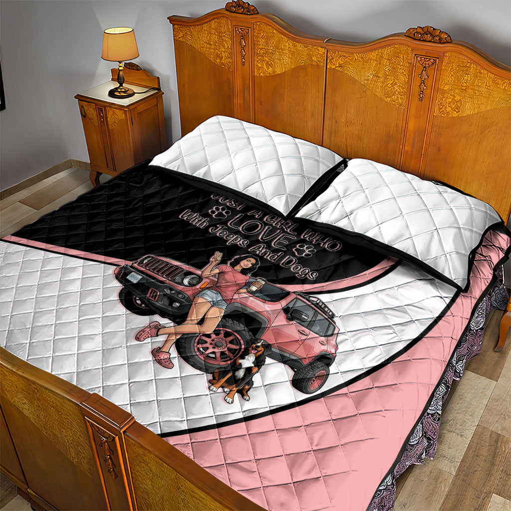 Just A Girl Who Love With Jeeps And Dogs Quilt Bed Set Cute Off-Road Lifestyle Cartoon Illustration with Pink Adventure Theme