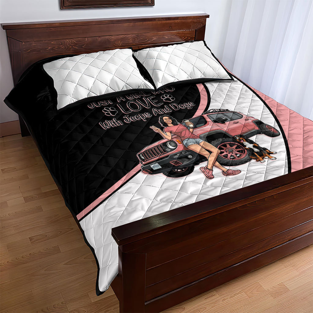 Just A Girl Who Love With Jeeps And Dogs Quilt Bed Set Cute Off-Road Lifestyle Cartoon Illustration with Pink Adventure Theme