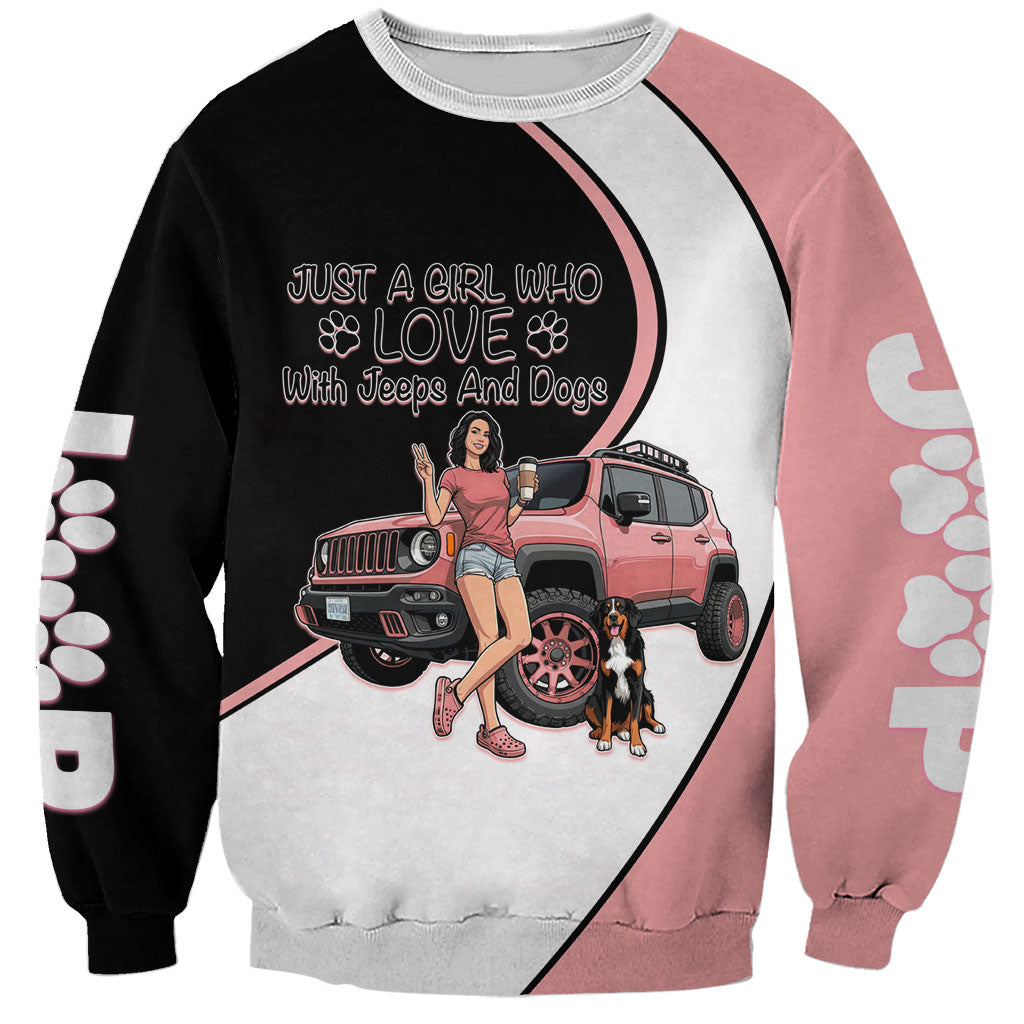 Just A Girl Who Love With Jeeps And Dogs Sweatshirt Cute Off-Road Lifestyle Cartoon Illustration with Pink Adventure Theme