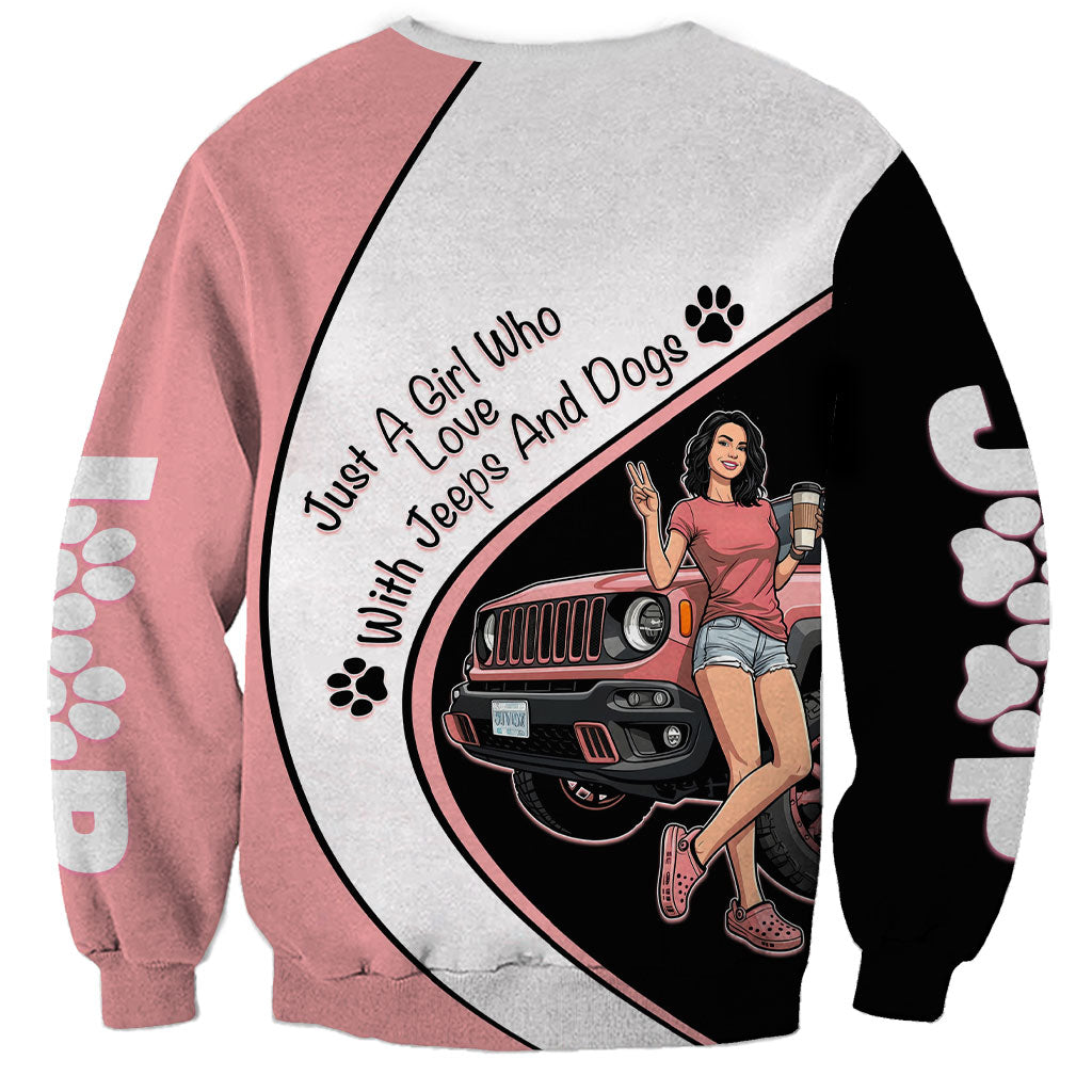 Just A Girl Who Love With Jeeps And Dogs Sweatshirt Cute Off-Road Lifestyle Cartoon Illustration with Pink Adventure Theme