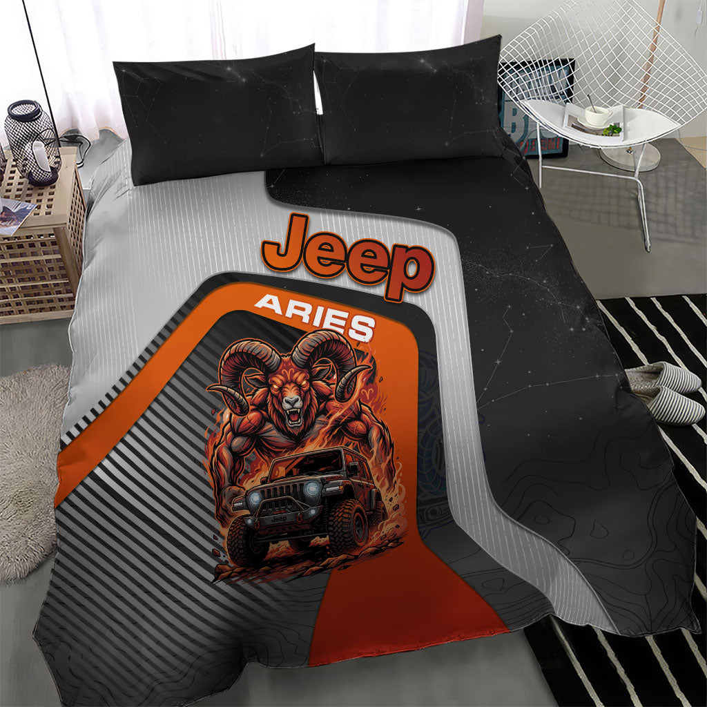 Jeep Aries Zodiac Bedding Set Fire Ram Off Road Beast Illustration Bold Flame Style