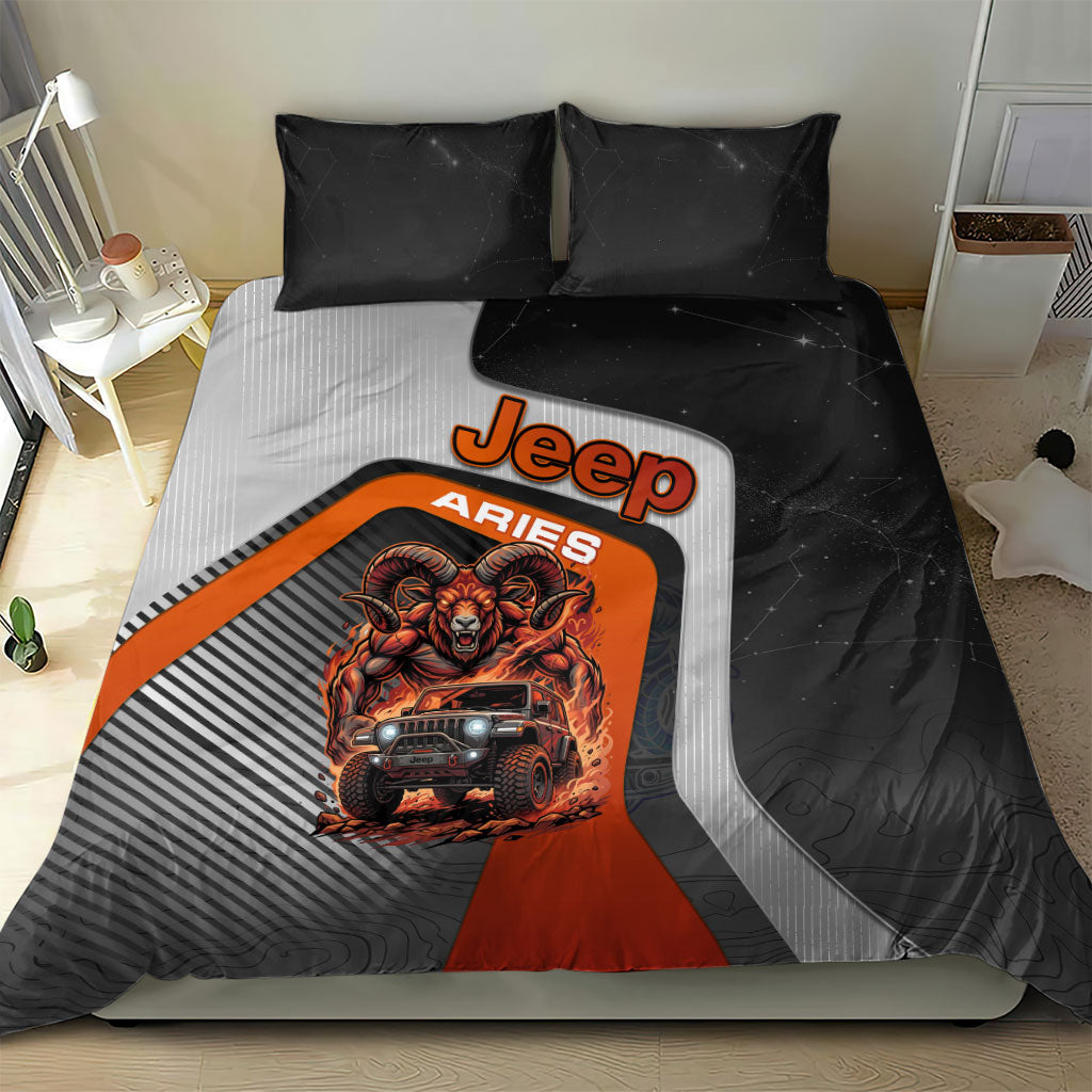 Jeep Aries Zodiac Bedding Set Fire Ram Off Road Beast Illustration Bold Flame Style