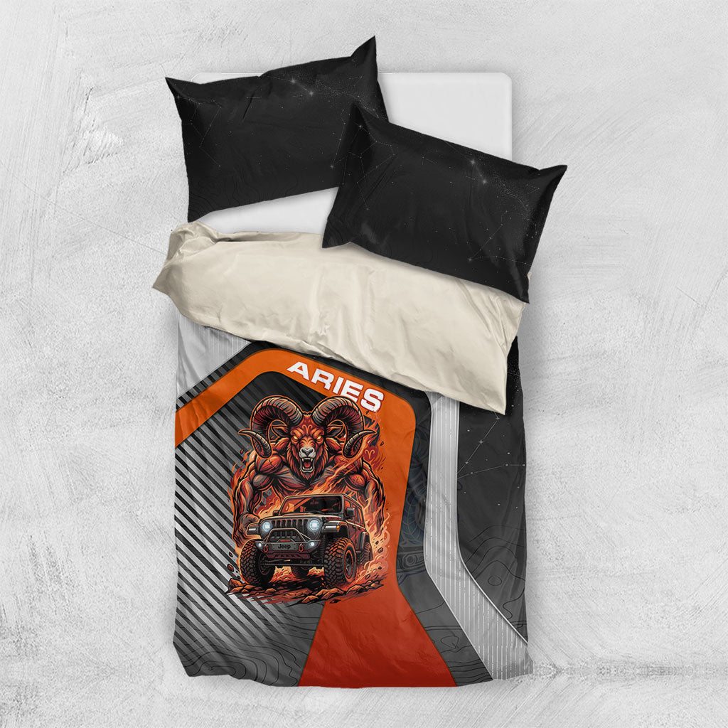 Jeep Aries Zodiac Bedding Set Fire Ram Off Road Beast Illustration Bold Flame Style