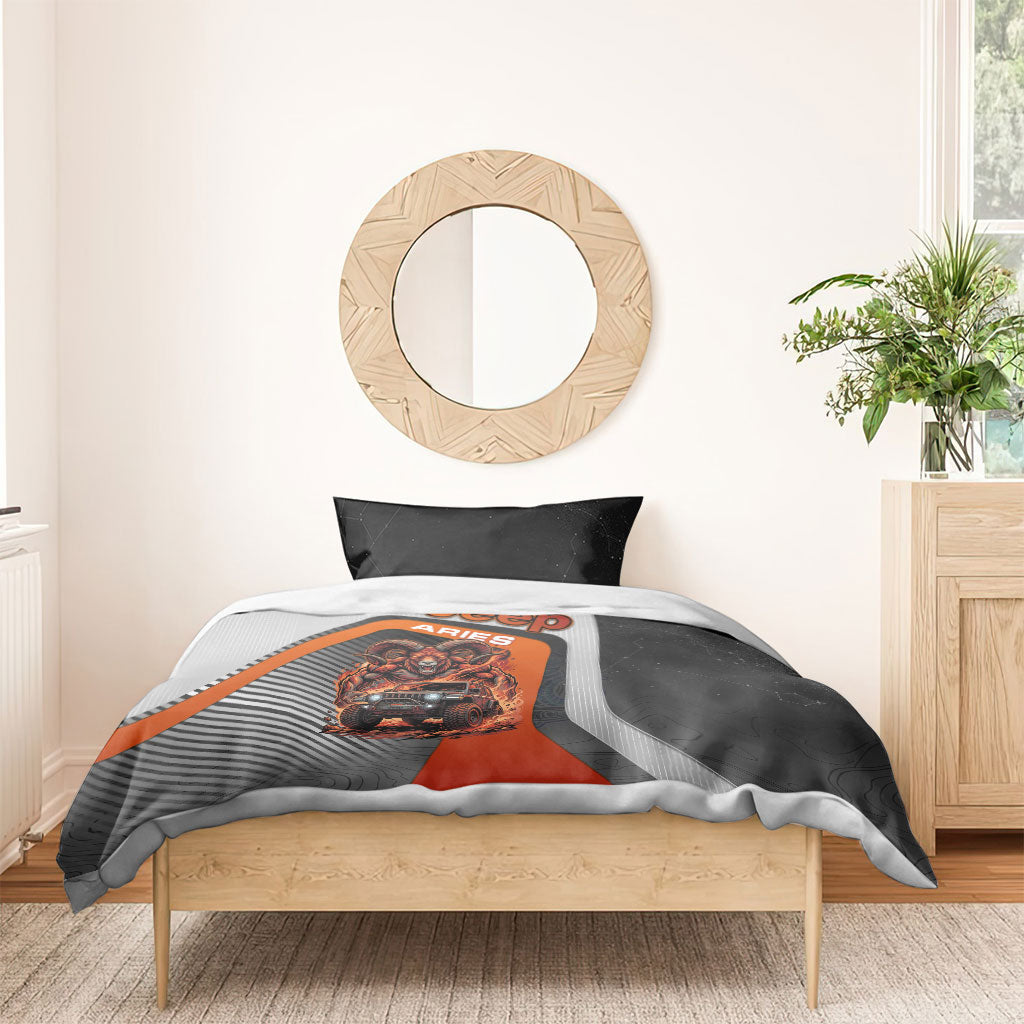 Jeep Aries Zodiac Bedding Set Fire Ram Off Road Beast Illustration Bold Flame Style
