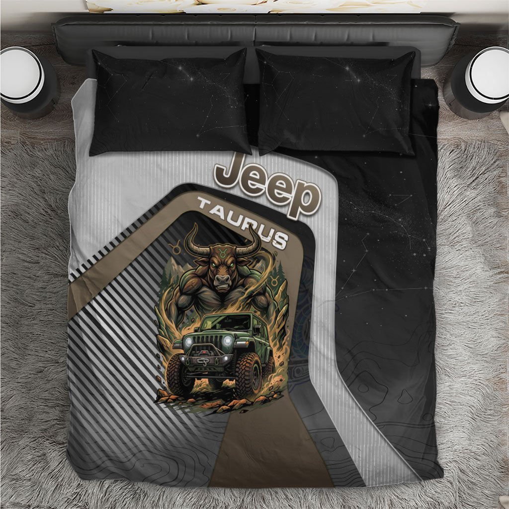 Jeep Taurus Zodiac Bedding Set Powerful Bull Off Road Beast Earth Tone Illustration