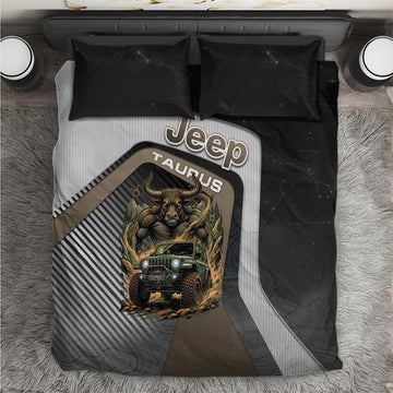 Jeep Taurus Zodiac Bedding Set Powerful Bull Off Road Beast Earth Tone Illustration