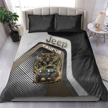 Jeep Taurus Zodiac Bedding Set Powerful Bull Off Road Beast Earth Tone Illustration